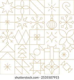 Gold line Christmas seamless pattern with sparkling stars, snowflakes, candy, gift boxes. Minimalist geometric festive gold on white Christmas, New Year, winter holidays background with linear icons.