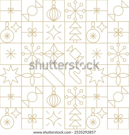 Gold line Christmas seamless pattern. Geometric festive gold on white Christmas, New Year, winter holidays linear icons background design. Minimalist star, sparkles, ornaments patchwork grid.