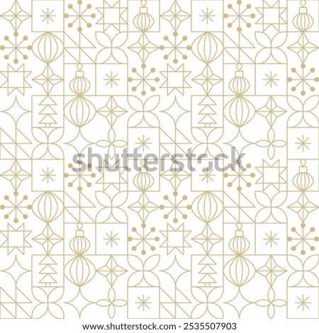 Gold line Christmas seamless pattern with sparkling stars, snowflakes and Christmas ornaments. Minimalist geometric festive gold on white Christmas, New Year, winter holidays linear icons background.