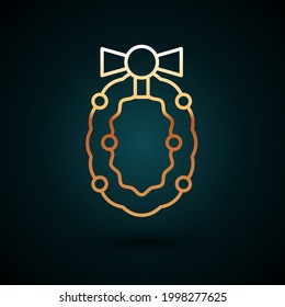 Gold line Christmas wreath icon isolated on dark blue background. Merry Christmas and Happy New Year.  Vector