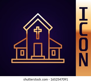 Gold line Church building icon isolated on black background. Christian Church. Religion of church.  Vector Illustration