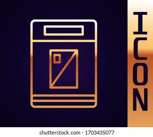 Icono de caja de cigarrillos de línea dorada aislado en fondo negro. Paquete de cigarrillos. Ilustración vectorial