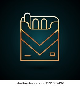 Gold line Cigarettes pack box icon isolated on dark blue background. Cigarettes pack.  Vector