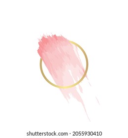 Gold line circle frame with pink brush strokes, on a white background. Icon. Vector design template for banner, card, cover, poster, logo.