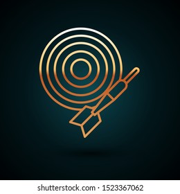 Gold line Classic dart board and arrow icon isolated on dark blue background. Dartboard sign. Game concept.  Vector Illustration