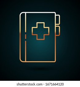Gold line Clipboard with dental card or patient medical records icon isolated on dark blue background. Dental insurance. Dental clinic report.  Vector Illustration
