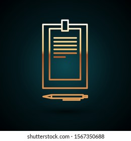 Gold line Clipboard with document icon isolated on dark blue background.  Vector Illustration