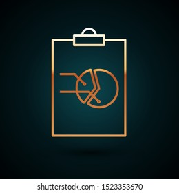 Gold line Clipboard with graph chart icon isolated on dark blue background. Report text file icon. Accounting sign. Audit, analysis, planning.  Vector Illustration