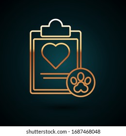 Gold line Clipboard with medical clinical record pet icon isolated on dark blue background. Health insurance form. Medical check marks report.  Vector Illustration