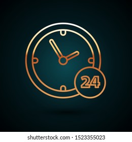 Gold line Clock 24 hours icon isolated on dark blue background. All day cyclic icon. 24 hours service symbol.  Vector Illustration