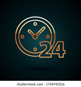 Gold line Clock 24 hours icon isolated on dark blue background. All day cyclic icon. 24 hours service symbol.  Vector Illustration