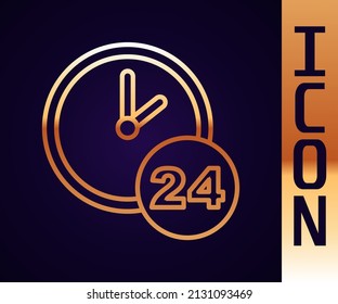 Goldene Uhr 24 Stunden Symbol einzeln auf schwarzem Hintergrund. Den ganzen Tag zyklisches Symbol. Service-Symbol für 24 Stunden.  Vektorgrafik