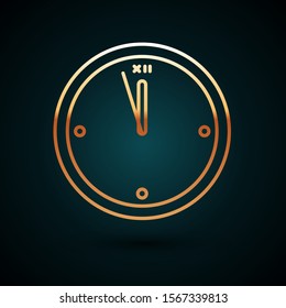 Gold line Clock icon isolated on dark blue background. Time symbol. Merry Christmas and Happy New Year.  Vector Illustration