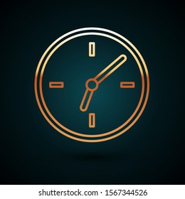 Gold line Clock icon isolated on dark blue background. Time symbol.  Vector Illustration