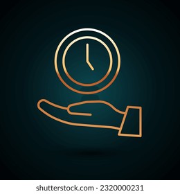 Icono de reloj de línea dorada aislado en fondo azul oscuro. Símbolo de tiempo.  Vector
