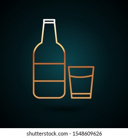 Gold line Closed glass bottle with milk and glass icon isolated on dark blue background.  Vector Illustration