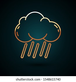 Gold line Cloud with rain icon isolated on dark blue background. Rain cloud precipitation with rain drops.  Vector Illustration