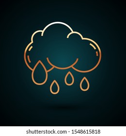 Gold line Cloud with rain icon isolated on dark blue background. Rain cloud precipitation with rain drops.  Vector Illustration