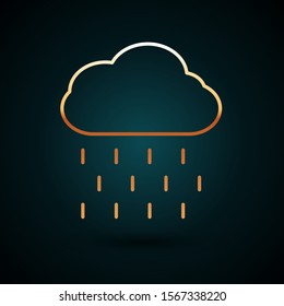 Gold line Cloud with rain icon isolated on dark blue background. Rain cloud precipitation with rain drops.  Vector Illustration