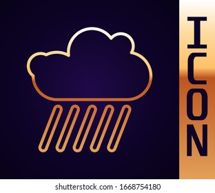 Gold line Cloud with rain icon isolated on black background. Rain cloud precipitation with rain drops.  Vector Illustration