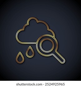 Gold line Cloud with rain icon isolated on black background. Rain cloud precipitation with rain drops.  Vector