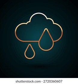 Gold line Cloud with rain icon isolated on dark blue background. Rain cloud precipitation with rain drops.  Vector