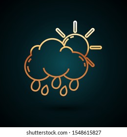 Gold line Cloud with rain and sun icon isolated on dark blue background. Rain cloud precipitation with rain drops.  Vector Illustration