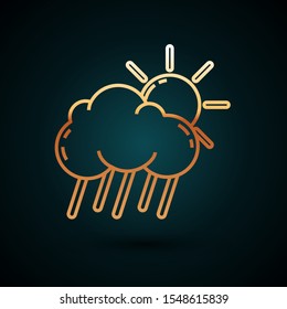 Gold line Cloud with rain and sun icon isolated on dark blue background. Rain cloud precipitation with rain drops.  Vector Illustration