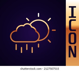 Nube de línea dorada con un icono de lluvia y sol aislado en el fondo negro. Precipitación de nubes de lluvia con caídas de lluvia.  Vector