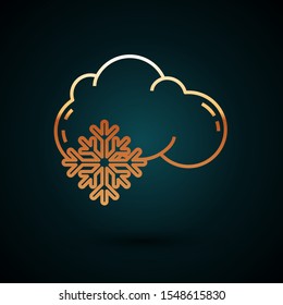 Gold line Cloud with snow icon isolated on dark blue background. Cloud with snowflakes. Single weather icon. Snowing sign.  Vector Illustration