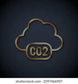 Gold line CO2 emissions in cloud icon isolated on black background. Carbon dioxide formula, smog pollution concept, environment concept.  Vector