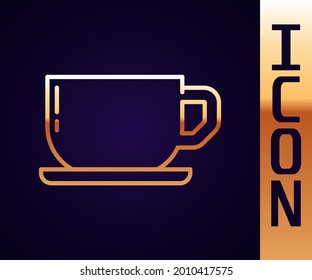 Gold line Coffee cup icon isolated on black background. Tea cup. Hot drink coffee.  Vector