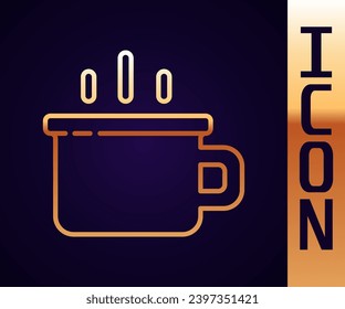 Gold line Coffee cup icon isolated on black background. Tea cup. Hot drink coffee.  Vector