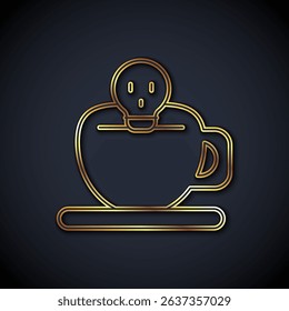 Gold line Coffee cup with skull icon isolated on black background.  Vector