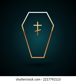 Gold line Coffin with christian cross icon isolated on dark blue background. Happy Halloween party.  Vector