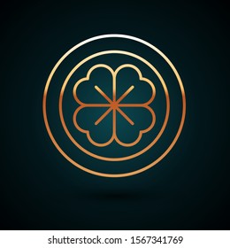 Gold line Gold coin with four leaf clover icon isolated on dark blue background. Happy Saint Patricks day.  Vector Illustration