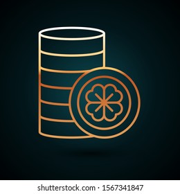 Gold line Gold coin with four leaf clover icon isolated on dark blue background. Happy Saint Patricks day.  Vector Illustration