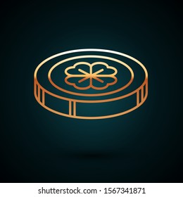 Gold line Gold coin with four leaf clover icon isolated on dark blue background. Happy Saint Patricks day.  Vector Illustration