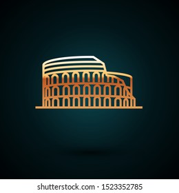 Gold line Coliseum in Rome, Italy icon isolated on dark blue background. Colosseum sign. Symbol of Ancient Rome, gladiator fights.  Vector Illustration