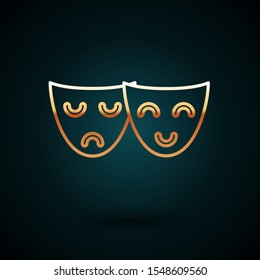 Gold line Comedy and tragedy theatrical masks icon isolated on dark blue background.  Vector Illustration