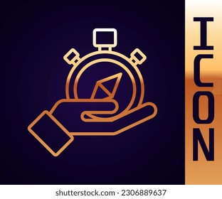 Icono de la brújula dorada aislado en fondo negro. Símbolo de navegación de Windrose. Signo de rosa eólica.  Ilustración vectorial