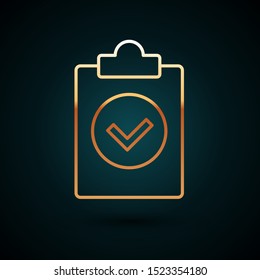 Gold line Completed task icon isolated on dark blue background. Compliance inspection approved. Checklist sign. Certified document symbol.  Vector Illustration