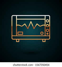 Gold line Computer monitor with cardiogram icon isolated on dark blue background. Monitoring icon. ECG monitor with heart beat hand drawn.  Vector Illustration