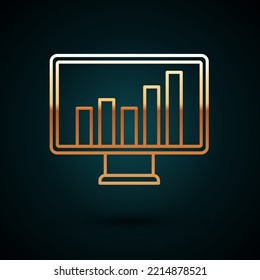 Gold line Computer monitor with graph chart icon isolated on dark blue background. Report text file. Accounting sign. Audit, analysis, planning.  Vector