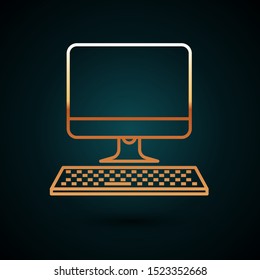 Gold line Computer monitor with keyboard icon isolated on dark blue background. PC component sign.  Vector Illustration