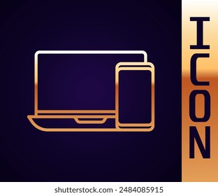 Línea dorada Monitor de computadora e icono de teléfono móvil aislados sobre fondo negro. Ganancias en Internet, marketing.  Ilustración vectorial