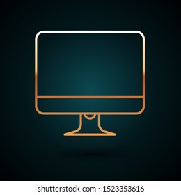 Gold line Computer monitor screen icon isolated on dark blue background. Electronic device. Front view.   Vector Illustration