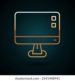 Gold line Computer monitor screen icon isolated on dark blue background. Electronic device. Front view.  Vector