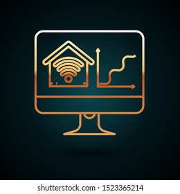 Gold line Computer monitor with smart home with wi-fi icon isolated on dark blue background. Remote control.  Vector Illustration