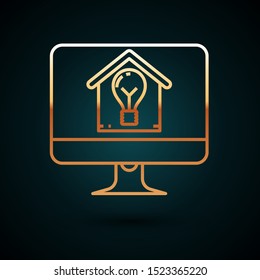 Gold line Computer monitor with smart house and light bulb icon isolated on dark blue background.  Vector Illustration
